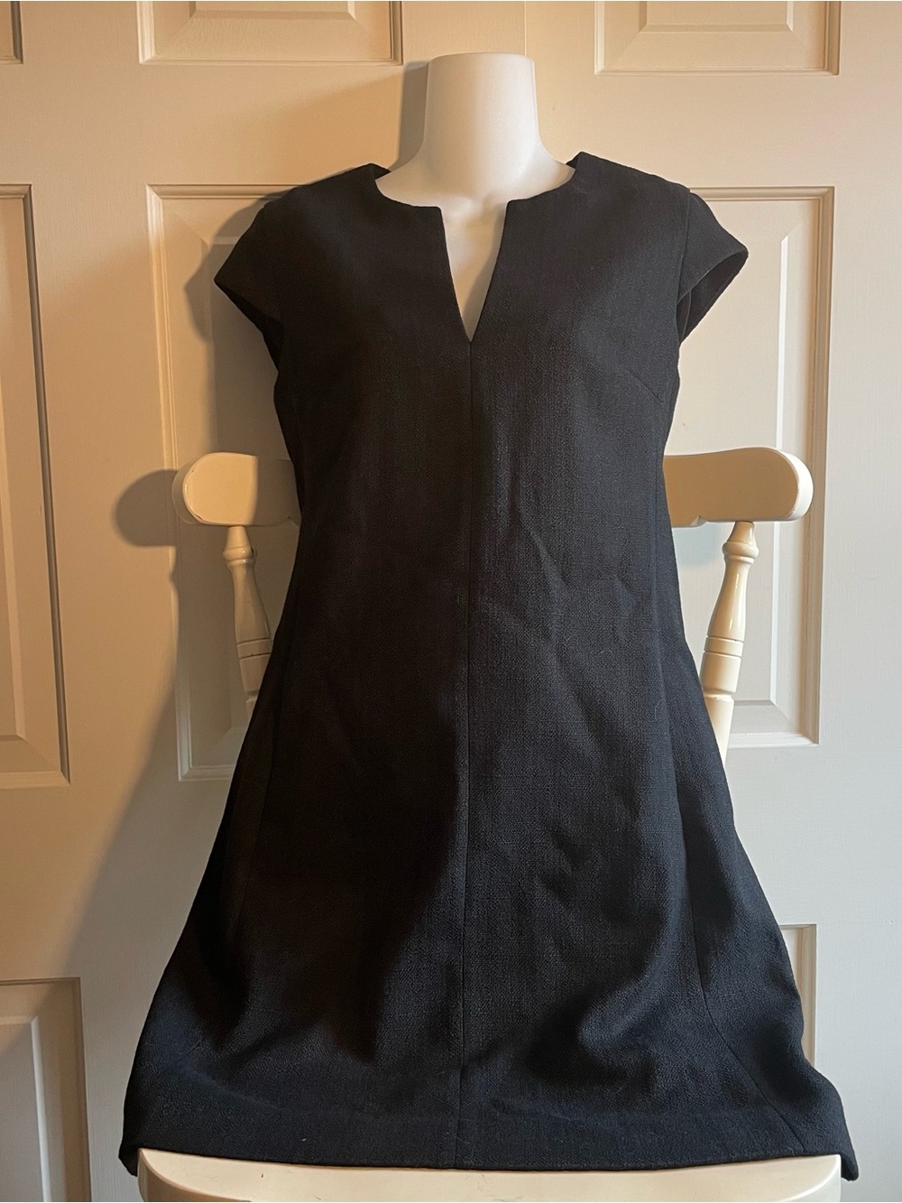 L'AGENCE Black Mini Shift Dress with Notch Neckline